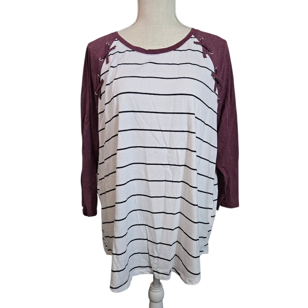 Maurices | Striped Raglan Top – Lace-Up Shoulder Detail – Size XL